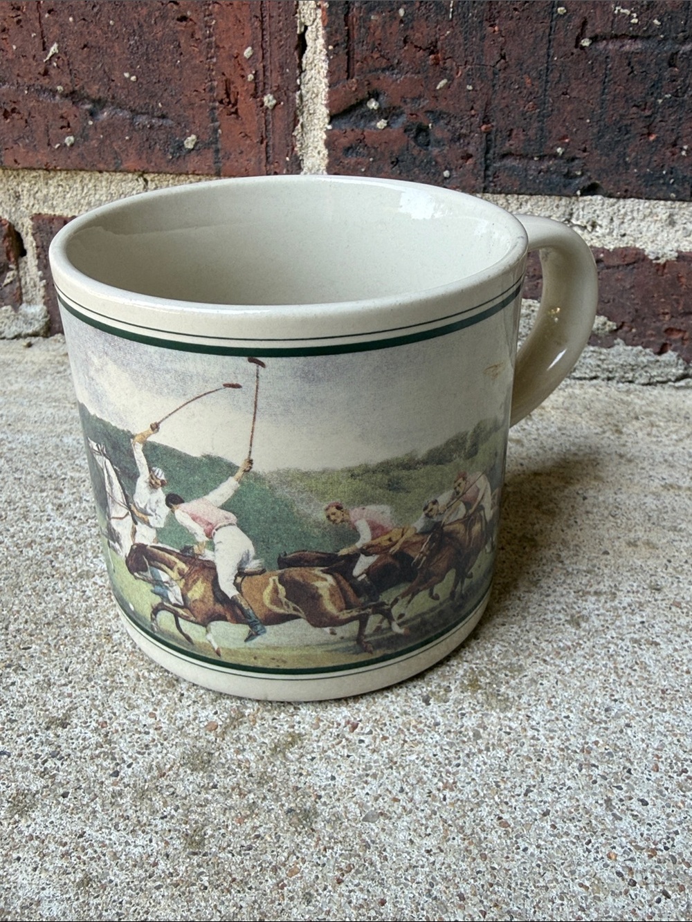 Vintage Equestrian Ceramic Mug in Cream and Green